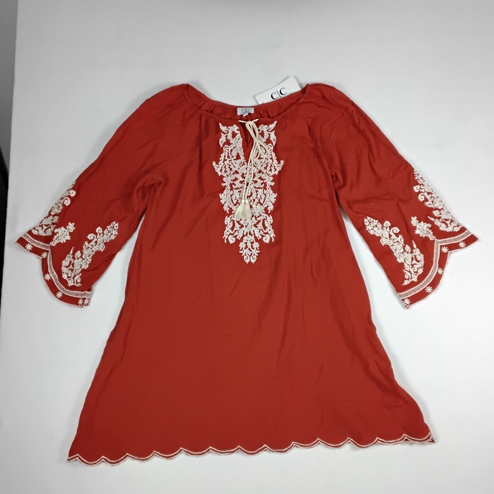 2. C|C Collection Rust Orange Boho Mini Dress Cream Embroidered Tassel Tie NWT
